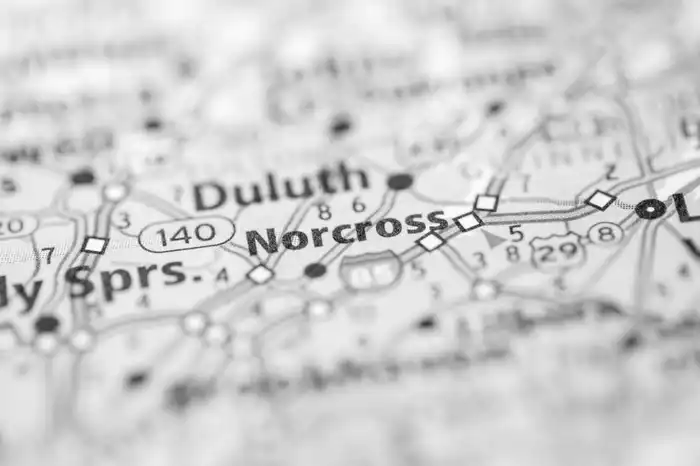 Duluth and Norcross GA shown on a blurred out map